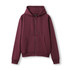 A maroon zippered hoodie featuring a spacious front pocket and drawstring hood, with a logo present.