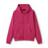 A bright pink women's zippered hoodie featuring a pocket. The hoodie has a hood and is made for juniors.