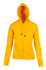A yellow zippered hoodie with a pocket and a hood, featuring a drawstring.