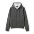 A grey women's juniors zipper hoodie with a pocket and a hood, featuring a logo on the front.