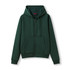 A dark green zipper hoodie with a pocket and a hood, featuring a logo on the front.