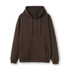 A brown women's juniors zipper hoodie with a front pocket and a drawstring hood. It features a logo on the interior.