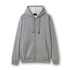 A grey zip hoodie with a front pocket and drawstring hood. It features a logo on the chest.