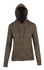 A women's junior zipper hoodie in a khaki colour with a front pocket and a hood. Features a logo on the garment.