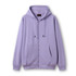 A lilac zippered hoodie with a hood and front pockets. It features a logo on the inside label.