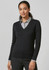 A black women's V-neck knit pullover worn over a grey collared shirt, featuring long sleeves and a fitted design.
