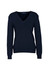 A women's navy V-neck knitted pullover featuring long sleeves and a relaxed fit.