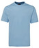 A light blue T-shirt with short sleeves and a crew neck, featuring a logo on the label.