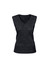 A dark grey women's vest featuring a V-neck design and sleeveless cut, with a logo on the product.