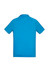 A short sleeve polo shirt in bright blue with a smooth finish and a logo on the back.