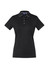 A black women's short sleeve polo shirt with a collar and a logo. It features button detailing and contrasting trim.