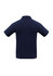 A navy blue men's short sleeve polo shirt featuring a back view and a subtle logo.