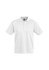 A white short sleeve polo shirt with a collar and buttons, featuring a logo on the chest.