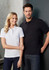A black and white short sleeve polo shirt displayed on models against a neutral background. The attire features a logo.