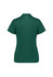 A women's short sleeve polo shirt in dark green, featuring a logo and decorative details on the sleeves.