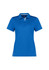 A blue women's short sleeve polo shirt with a collar and a logo. It features decorative detailing on the sleeves.