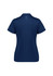 A women's short sleeve polo shirt in navy blue with a subtle logo and dotted design on the shoulders.