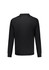 A black long sleeve polo shirt featuring a collar and a logo on the back.