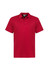 A red short sleeve polo shirt featuring a collar and three buttons, with a logo on the chest.