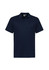 A navy blue men's short sleeve polo shirt with a three-button placket and a logo on the chest.