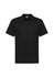 A black short sleeve polo shirt featuring a collar and buttons, with a logo on the chest.