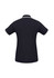A black women's polo shirt featuring short sleeves and a contrasting collar. The back view includes a logo.