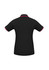 A black women's polo shirt with short sleeves and contrasting collar and sleeve detailing. Features a logo.