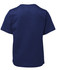 A navy blue children's t-shirt with a crew neckline and short sleeves, featuring a plain design on the back.