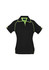A black women's polo shirt with short sleeves and lime green accents, featuring a logo.