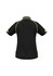 A black women's polo shirt featuring lime green accents and a logo. It has short sleeves and a classic collar.