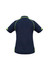 A navy short sleeve polo shirt featuring green detailing and a small logo on the back.