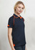 A navy blue women's polo shirt featuring orange accents on the collar and sleeves, with branding.