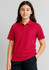 A red short sleeve polo shirt designed for kids, featuring a collar and buttons, with a logo on the chest.