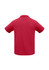 A red men's short sleeve polo shirt featuring a collar and a logo.