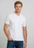 A white men's short sleeve polo shirt, featuring a classic collar and a logo on the chest, worn by a model.