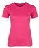 A pink women's t-shirt with short sleeves and a round neckline, featuring a logo on the label.