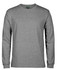 A long-sleeved grey T-shirt with a round neckline, featuring a logo on the label.