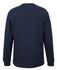 A long-sleeved navy blue T-shirt with a plain back and a branding logo.