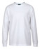 A white long-sleeved T-shirt featuring a logo on the collar. Suitable for casual wear.