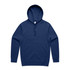 A navy blue hoodie with a front pocket and a drawstring hood. It features a logo on the front.