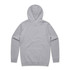 A grey hoodie featuring a hood and long sleeves, with a plain back and a logo.