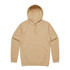 A beige hoodie featuring a front pocket and a drawstring hood. It has a branded logo on it.