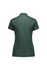A dark green women's short sleeve polo shirt with a collar and a logo on the back.