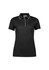 A black short sleeve polo shirt for women featuring a collar and a branded logo on the chest.