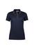 A navy women's short sleeve polo shirt featuring yellow trim and a logo on the chest.
