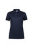 A navy short sleeve polo shirt for women featuring a collar and button placket, with a logo on the chest.