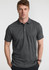 A grey short sleeve polo shirt featuring a collar and a three-button placket, with a logo on the chest.