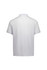 A white short sleeve polo shirt with a collar and a logo on the back.