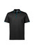 A black short sleeve polo shirt featuring turquoise accents and a branding logo on the chest area.