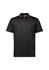 A black short sleeve polo shirt featuring orange accents and a logo on the chest.